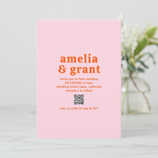 Retro Font Orange and Pink QR Code Modern Wedding Invitation (Standing Front)