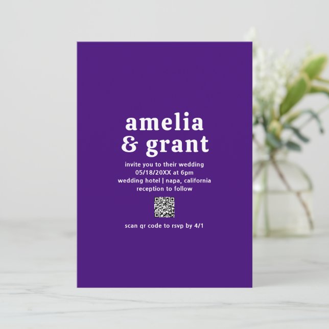 Retro Font Purple QR Code Modern Wedding Invitation (Standing Front)
