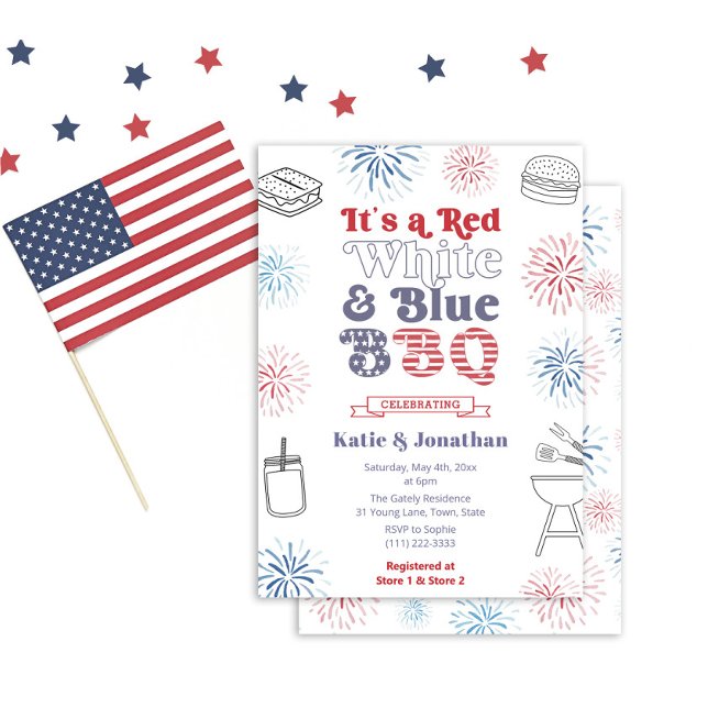 Retro Font Red White And Blue BBQ Couples Shower Invitation (Trendy retro typography Red White And Blue BBQ couples shower or engagement party invitation)