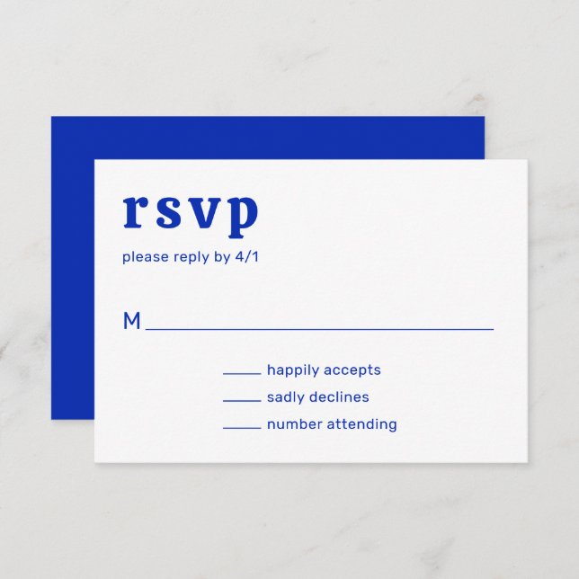Retro Font Royal Blue Modern Wedding RSVP Card (Front/Back)