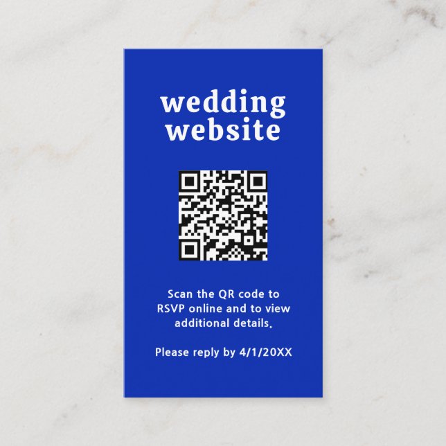 Retro Font Royal Blue QR Code Modern Wedding Enclosure Card (Front)