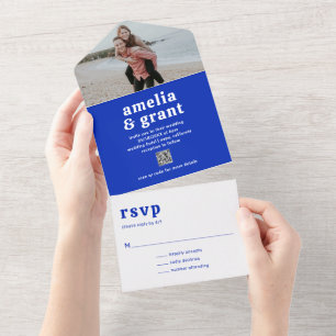 Retro Font Sapphire Blue QR Code Modern Wedding All In One Invitation
