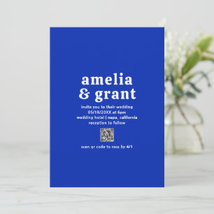 Retro Font Sapphire Blue QR Code Modern Wedding Invitation