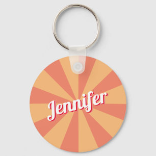 Retro Fonts Personalized Name Pink Orange Sunburst Key Ring