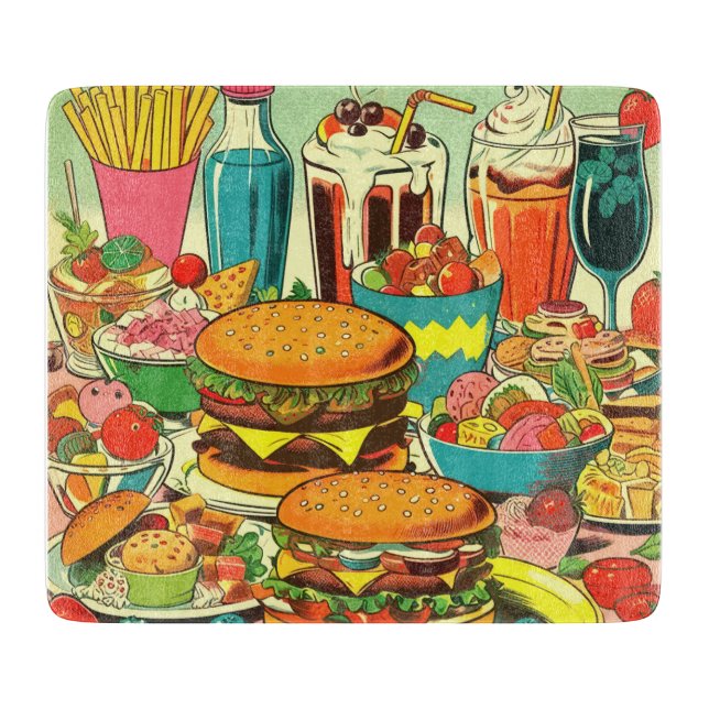 Retro Food Comic Illustration Cutting Board (Front)