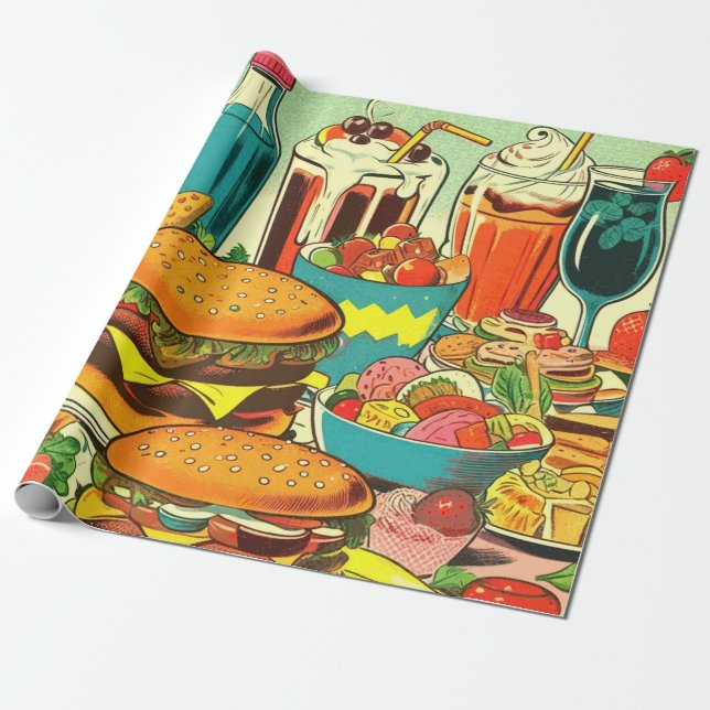 Retro Food Comic Illustration Wrapping Paper (Unrolled)
