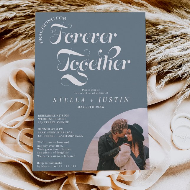 retro forever photo dusty blue rehearsal dinner invitation (Creator Uploaded)
