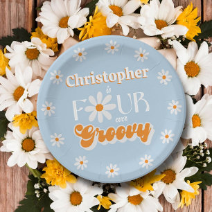 Retro Four Ever Groovy Boys 4th Birthday Paper Plate