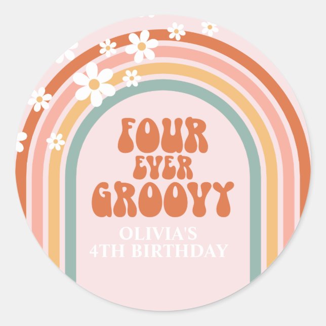 Retro Four Ever Groovy daisy rainbow 4th birthday Classic Round Sticker (Front)