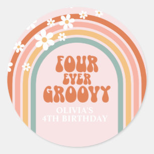 Retro Four Ever Groovy daisy rainbow 4th birthday Classic Round Sticker