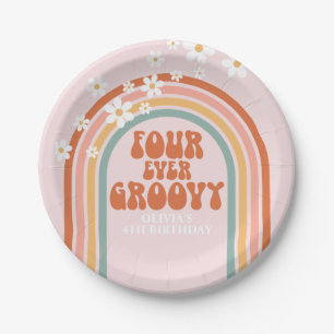 Retro Four Ever Groovy daisy rainbow 4th birthday Paper Plate