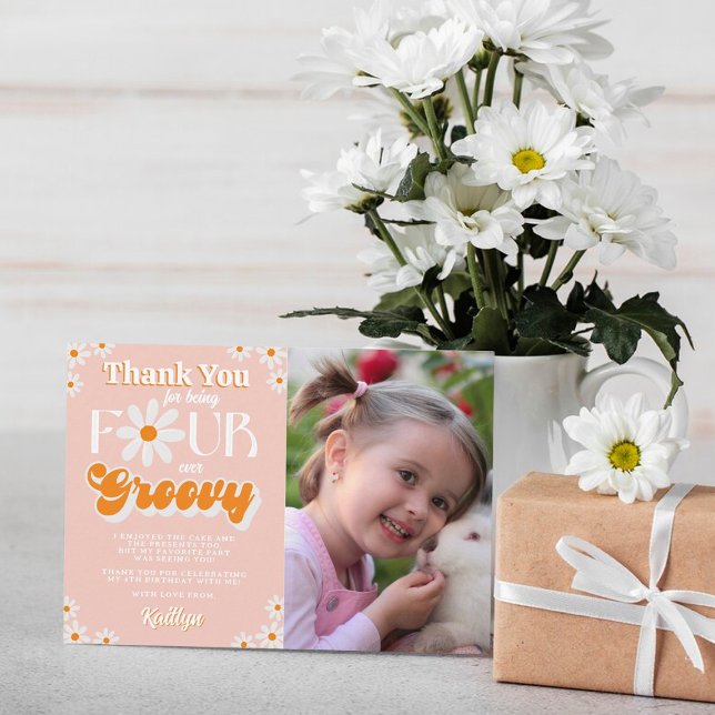 Retro Four Ever Groovy Girls 4th Birthday Photo Thank You Card (Creator Uploaded)