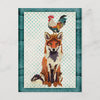 RETRO FOX & ROOSTER Postcard
