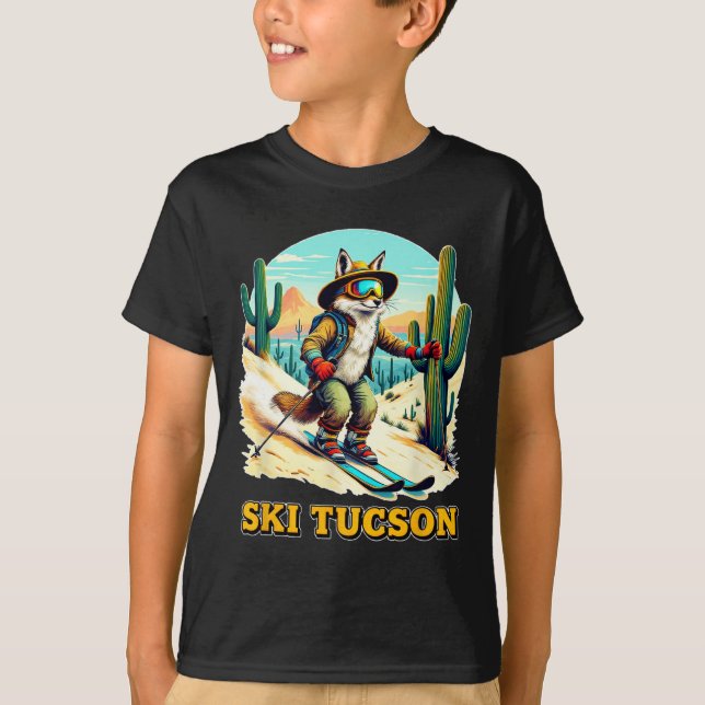 Retro Fox Skiing In Tucson Desert Adventure Ski Ar T-Shirt (Front)