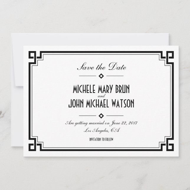 Retro Frame White Art Deco Save the Date Card (Front)