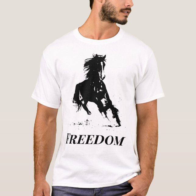 Retro Freedom Black White Pop Art Running Horse T-Shirt (Front)