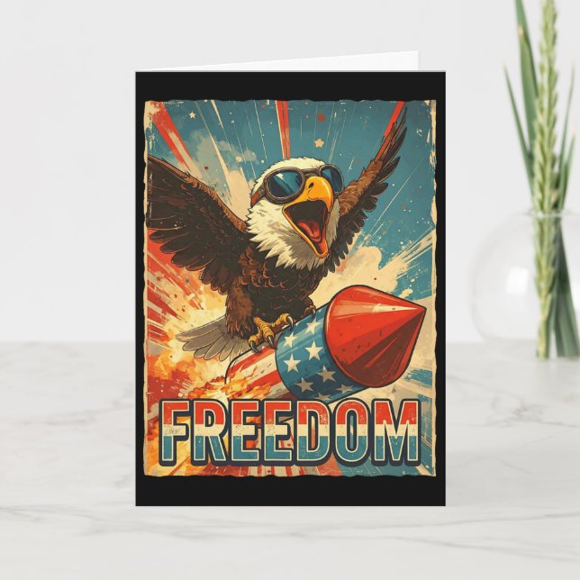 Retro Freedom Ld Eagle Riding Rocket 4th Of July U Card (Front)