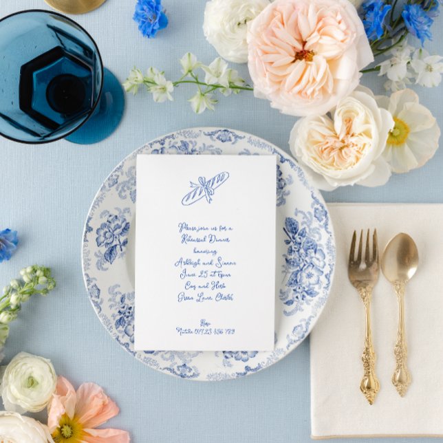 Retro French Blue Baguette Rehearsal Dinner Invitation (Creator Uploaded)