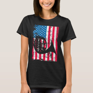 Retro French Horn Vintage Us Flag Music Artwork Ju T-Shirt