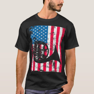 Retro French Horn Vintage US Flag Music Artwork Ju T-Shirt