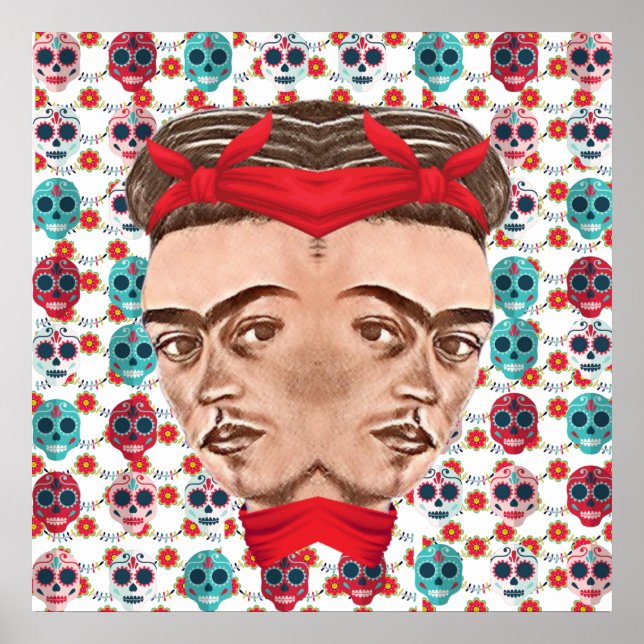 Retro Frida Kahlo Surreal Sugar Skull Pattern  Poster (Front)