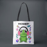 Retro Frog with A 90s Attitude. Resist! Quote Tote Bag<br><div class="desc">Style: All-Over-Print Tote Bag, Medium The classic tote with a modern twist: all-over-print allows for 100% customization, bringing the basic tote to the next level. Your next shopping trip just got a little more earth-friendly and a lot more stylish! Dimensions: 16"l x 16"w; Strap: 28"l Material: Exterior: 100% sturdy brushed...</div>