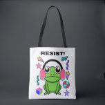 Retro Frog with A 90s Attitude. Resist! Quote Tote Bag<br><div class="desc">Style: All-Over-Print Tote Bag, Medium The classic tote with a modern twist: all-over-print allows for 100% customization, bringing the basic tote to the next level. Your next shopping trip just got a little more earth-friendly and a lot more stylish! Dimensions: 16"l x 16"w; Strap: 28"l Material: Exterior: 100% sturdy brushed...</div>