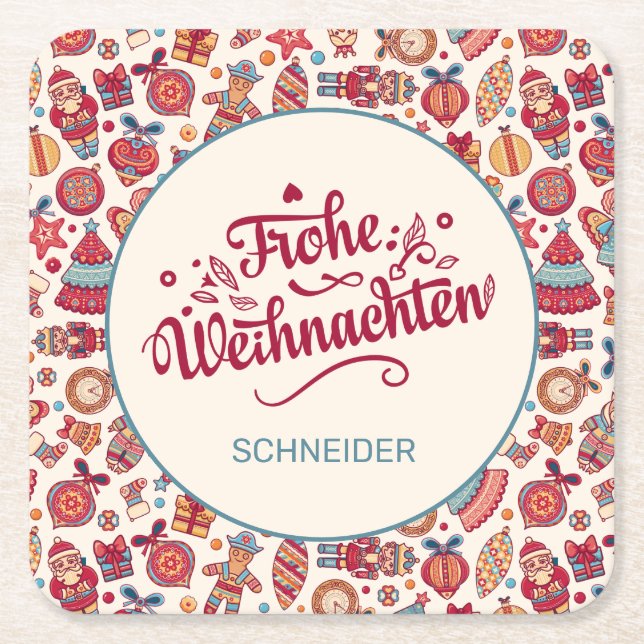 Retro Frohe Weihnachten Personalised Square Paper Coaster (Front)