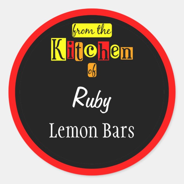 Retro From the Kitchen of Reds on Black Editable Classic Round Sticker (Front)