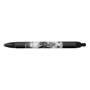 Retro Full Moon & Minimalist Pine Tree Vintage Gra Black Ink Pen