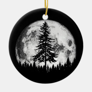 Retro Full Moon & Minimalist Pine Tree Vintage Gra Ceramic Tree Decoration