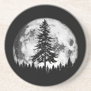 Retro Full Moon & Minimalist Pine Tree Vintage Gra Coaster