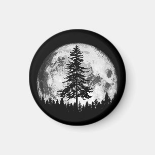 Retro Full Moon & Minimalist Pine Tree Vintage Gra Magnet