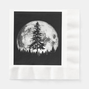 Retro Full Moon & Minimalist Pine Tree Vintage Gra Napkin