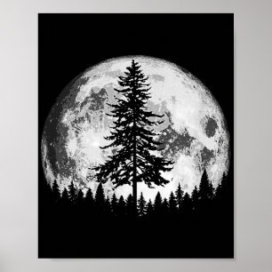 Retro Full Moon & Minimalist Pine Tree Vintage Gra Poster