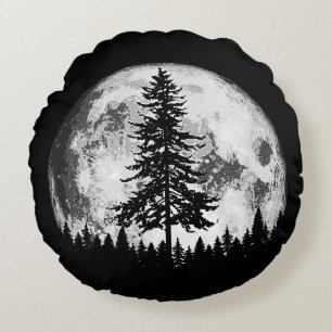Retro Full Moon & Minimalist Pine Tree Vintage Gra Round Cushion