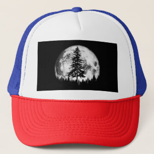 Retro Full Moon & Minimalist Pine Tree Vintage Gra Trucker Hat