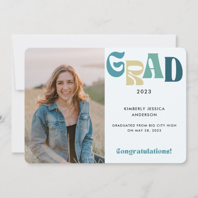 Retro Fun Blue Grad Photo 2023 Graduation Announcement (Front)