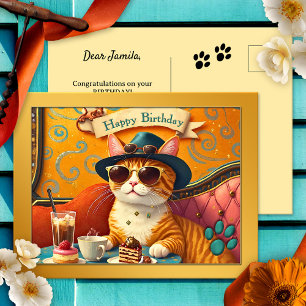 Retro Fun Cat and Cake Birthday Postcard