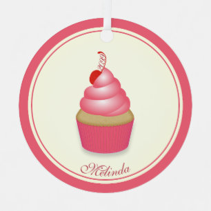 Retro Fun Pink Cupcake w Name Date Metal Tree Decoration