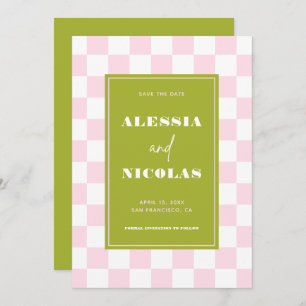 Retro Fun Pink & Green Checkerboard Check Wedding Save The Date