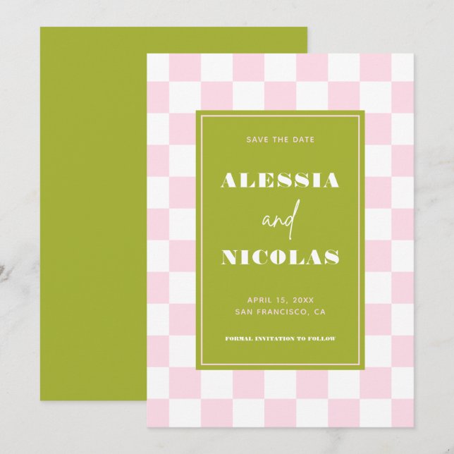Retro Fun Pink & Green Checkerboard Check Wedding Save The Date (Front/Back)