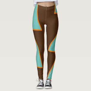 Retro Fun Triangles Light Teal and Salmon on Brown Leggings
