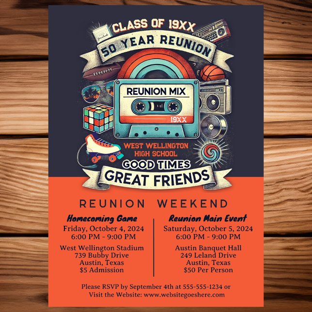 Retro Funky 50 Year High School Reunion Mixed Tape Invitation (Creator Uploaded)
