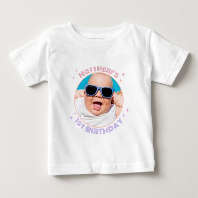 Retro Funky 90s Disco Ball Happy Birthday Photo Baby T-Shirt (Front)