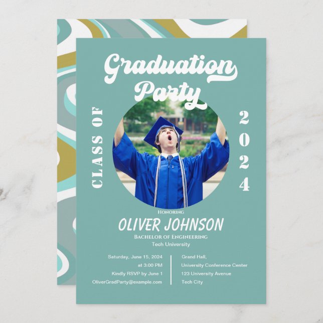 Retro Funky Blue and Gold Graduation Invitation (Front/Back)