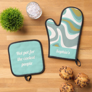 Retro Funky Blue And Golden Colour Oven Mitt & Pot Holder Set