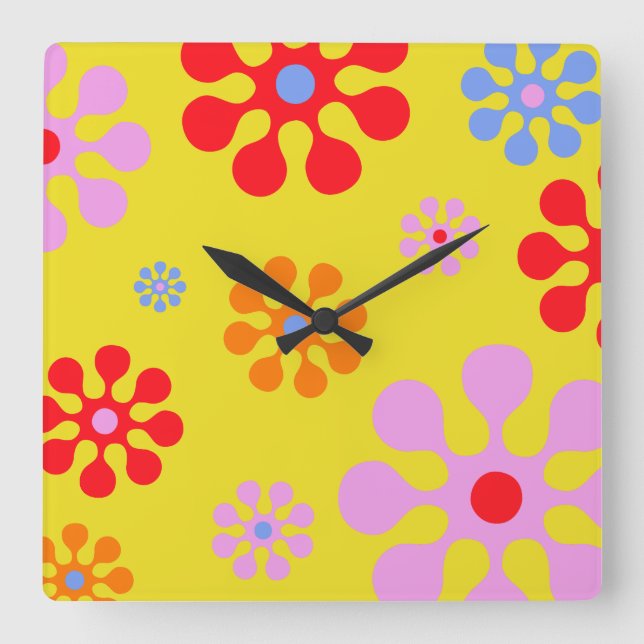 Retro Funky Flower Pattern Yellow Wall Clock (Front)