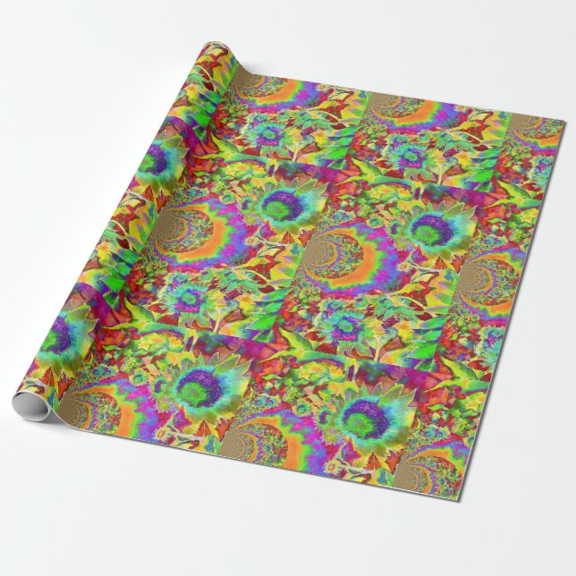 Retro funky fun colourful sunflower painting  wrapping paper (Unrolled)