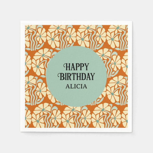 Retro Funky Groovy Boho Botanical Birthday Napkin (Front)